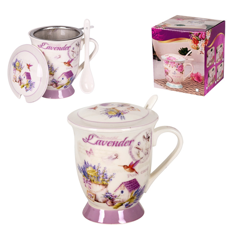 Луксозна чаша за чай в кутия „Лавандула“ с капак и цедка /керамика/